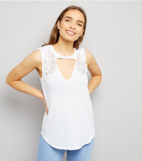 White Floral Stud Trim Choker Neck Tank Top | New Look