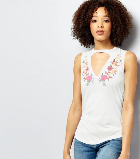 White Floral Embroidered Choker Neck Tank Top | New Look
