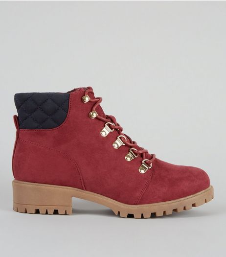 Teens Red Suedette Lace Up Worker Boots | New Look