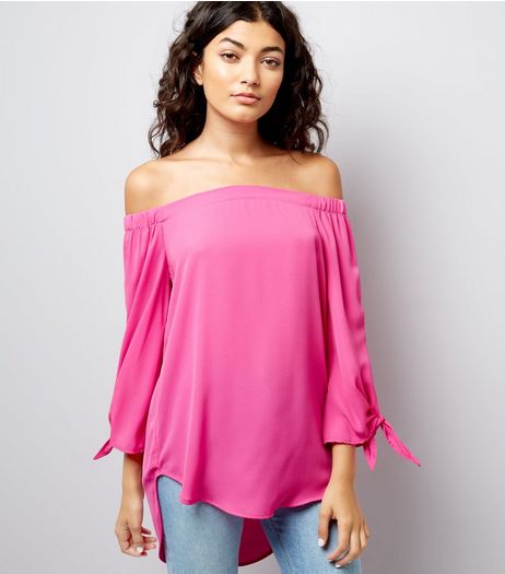 Deep Pink Tie Sleeve Bardot Neck Top | New Look