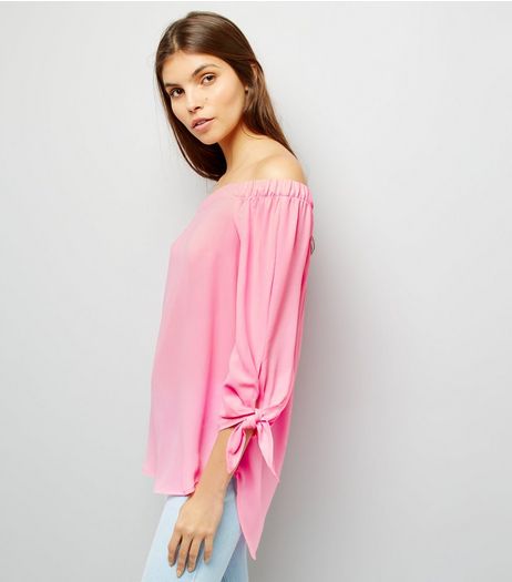 Pink Tie Sleeve Bardot Top | New Look