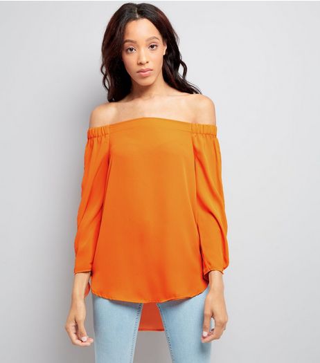 Bright Orange Tie Sleeve Bardot Neck Top | New Look