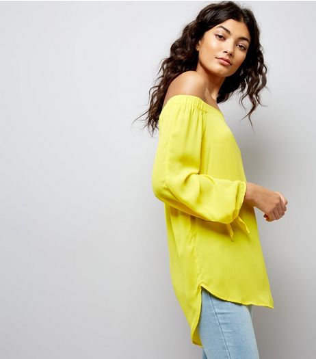 Yellow Tie Sleeve Bardot Neck Top | New Look