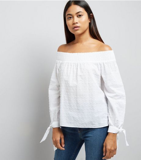 Petite White Textured Bardot Neck Top | New Look