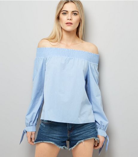 Blue Tie Sleeve Bardot Neck Top | New Look