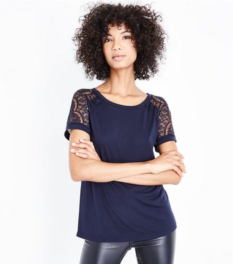 JDY Navy Lace Sleeve Top | New Look