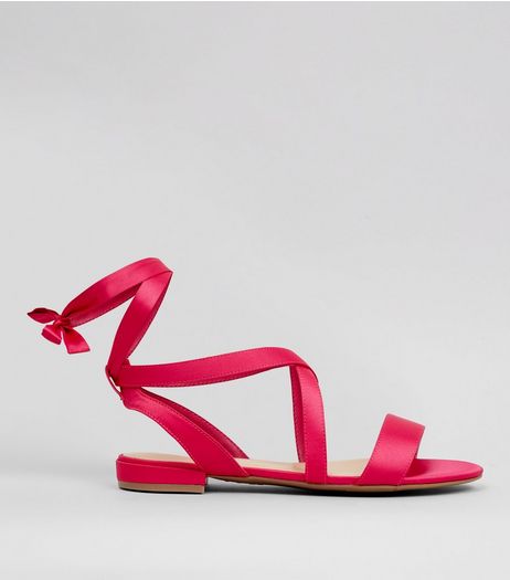 Wide Fit Pink Satin Ankle Tie Sandals | New Look