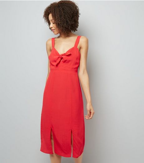 Red Bow Front Split Front Midi Dress | New Look