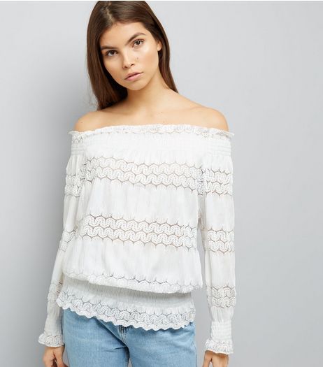 Cameo Rose White Crochet Lace Trim Bardot Neck Top | New Look