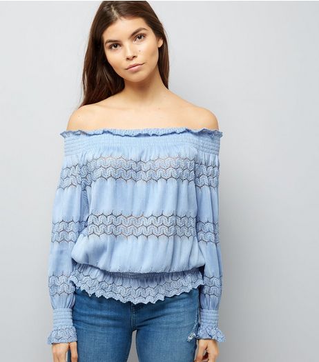 Cameo Rose Blue Crochet Lace Trim Bardot Neck Top | New Look