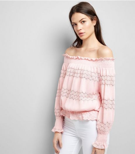 Cameo Rose Pink Crochet Lace Trim Bardot Neck Top | New Look