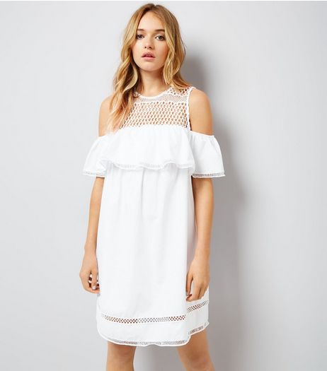 White Crochet Yoke Cold Shoulder Dress | New Look