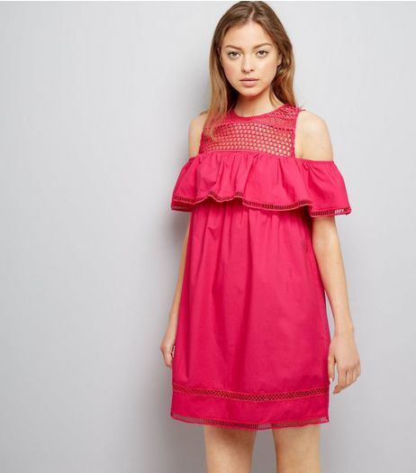 Pink Crochet Yoke Cold Shoulder Dress | New Look