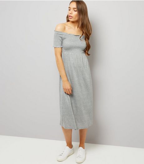 Grey Shirred Bardot Neck Midi Dress | New Look