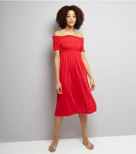 Red Shirred Bardot Neck Midi Dress | New Look