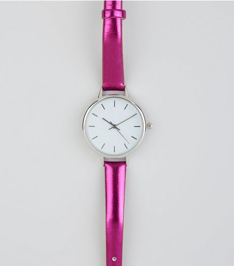 Bright Pink Metallic Skinny Strap Watch | New Look