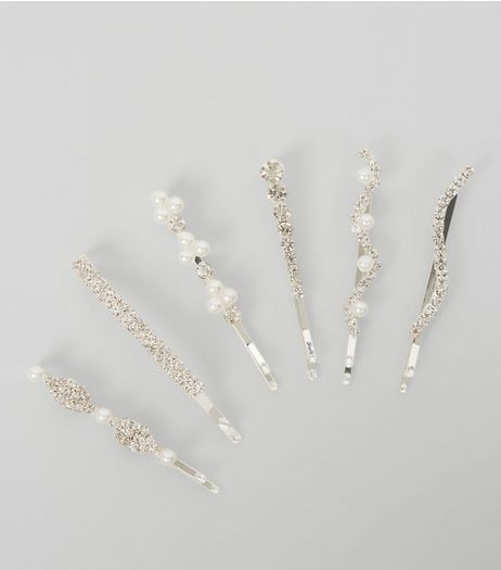 6 Pack Silver Diamante Pearl Detail Hair Slides | New Look
