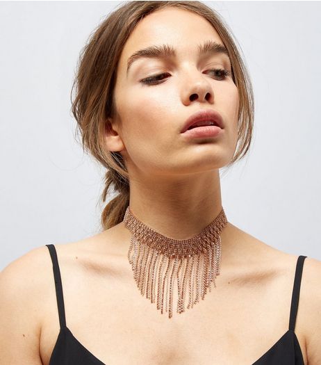 Rose Gold Crystal Drop Choker | New Look
