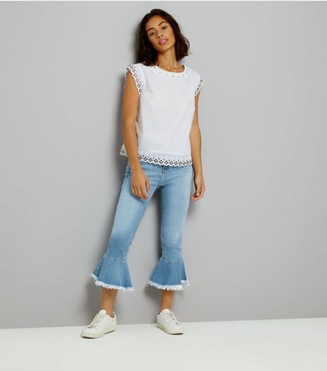 Petite Blue Frill Hem Flared Jeans | New Look