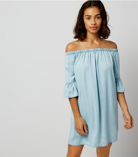 Petite Blue Bell Sleeve Bardot Neck Dress | New Look