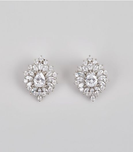 Silver Cubic Zirconia Crystal Teardrop Stud Earrings | New Look