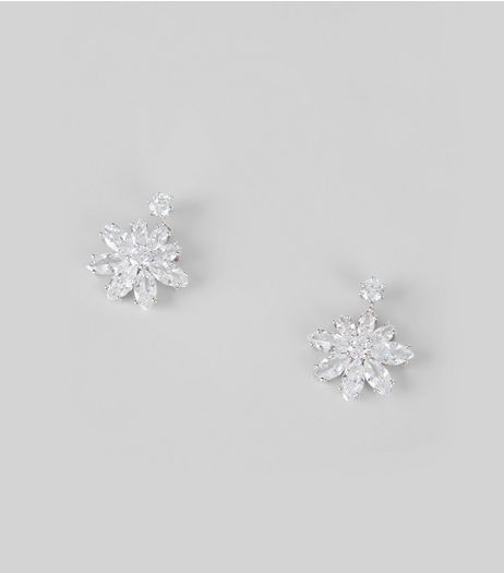 Silver Cubic Zirconia Flower Drop Earrings | New Look