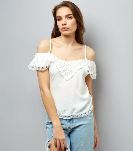 Cameo Rose White Lace Trim Cold Shoulder Top | New Look