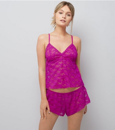 Bright Pink Lace Cami And Shorts Set | New Look
