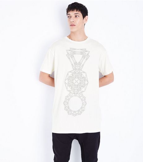 White Geo Print Longline T-Shirt | New Look
