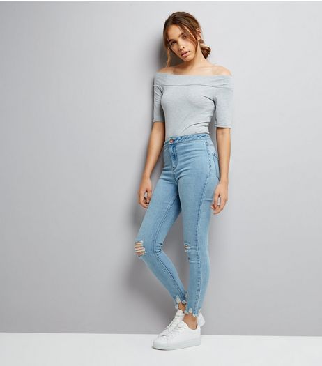 Blue Ripped Knee Frayed Hem Skinny Hallie Jeans | New Look