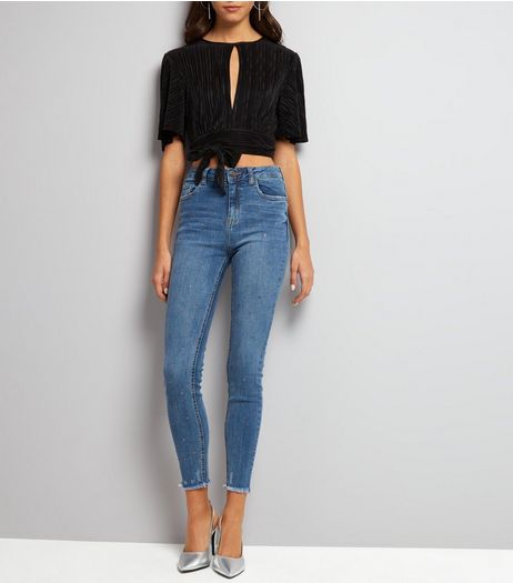Blue Studded Fray Hem Skinny Jenna Jeans | New Look
