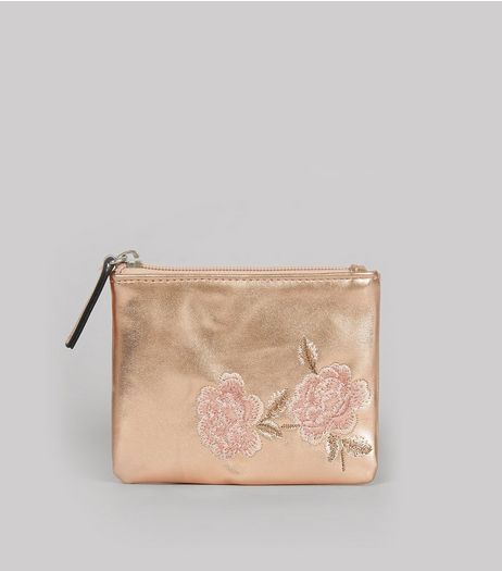 Rose Gold Metallic Floral Embroidered Zip Top Purse | New Look