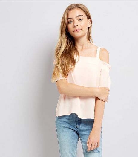 Teens Pink Shirred Sleeve Cold Shoulder Top | New Look