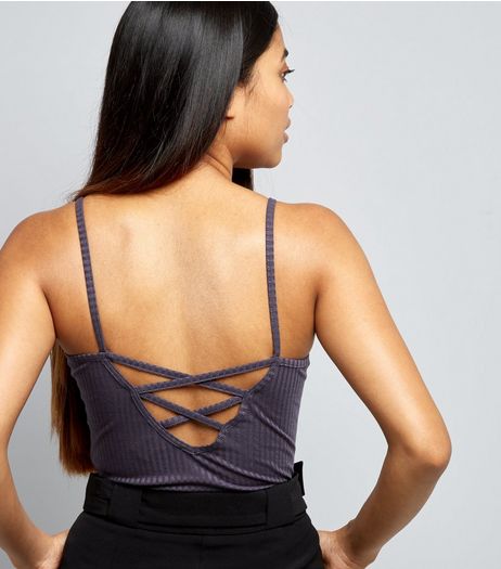 Petite Dark Grey Cross Strap Back Bodysuit | New Look