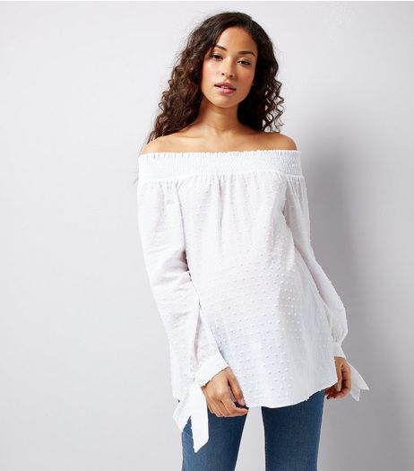 Maternity White Spot Cotton Bardot Neck Top | New Look