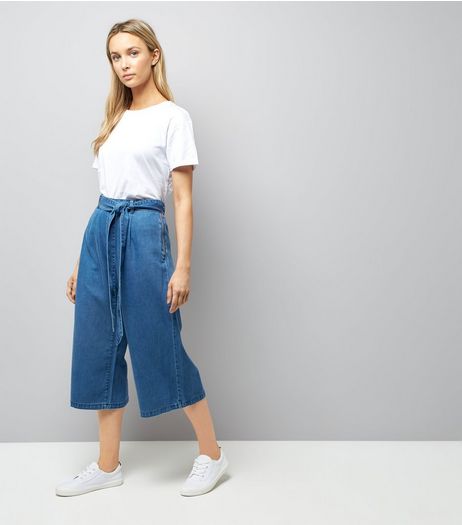 Blue Denim Wide Leg Tie Waist Culottes | New Look