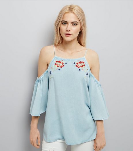 Blue Floral Embroidered Cold Shoulder Top | New Look