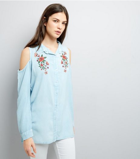 Blue Cold Shoulder Floral Embroidered Shirt | New Look