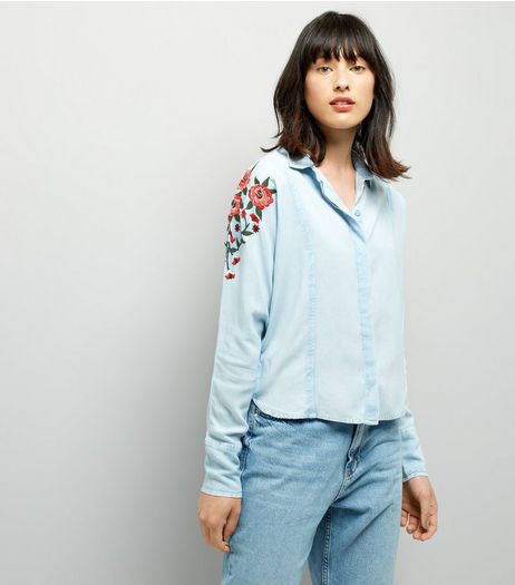 Blue Seam Trim Floral Embroidered Shirt | New Look