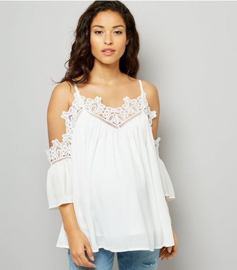 Maternity White Crochet Lace Trim Cold Shoulder Top | New Look