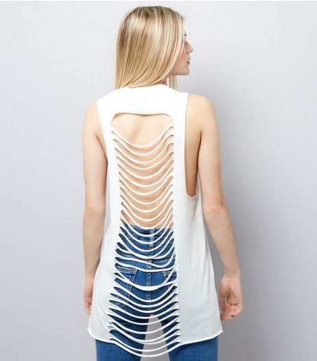 White ACDC Print Studded Ripped Back Tank Top | New Look