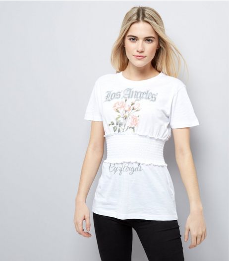 White Rose Print Shirred Waist T-Shirt | New Look