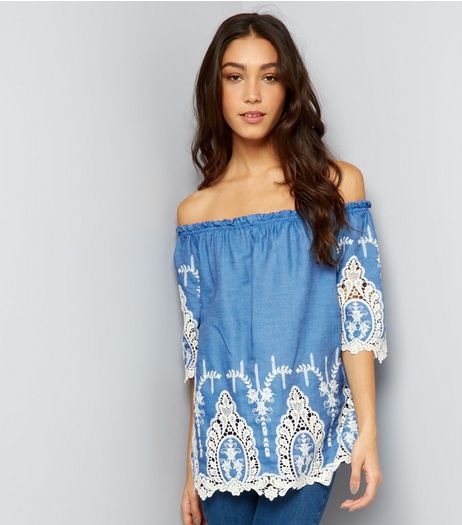 Cameo Rose Blue Embroidered Bardot Neck Top | New Look