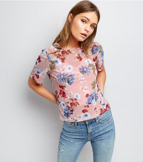 Cameo Rose Shell Pink Mesh Floral Print Top | New Look