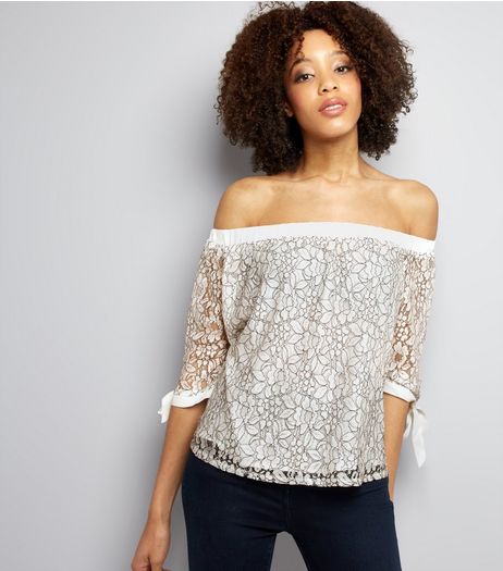 Cameo Rose White Floral Lace Bardot Neck Top | New Look