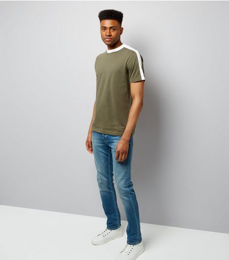 Khaki Contrast Stripe T-Shirt | New Look