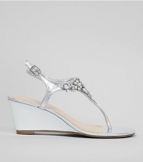 Silver Embellished Wedge Heel Sandals | New Look