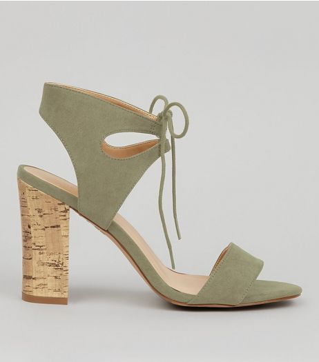 Khaki Suedette Cork Block Heeled Sandals | New Look