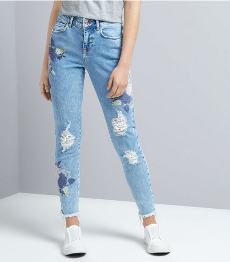 Teens Blue Floral Distressed Jeans | New Look
