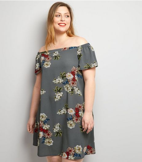 Curves Grey Floral Print Crepe Bardot Neck Dress | New Look